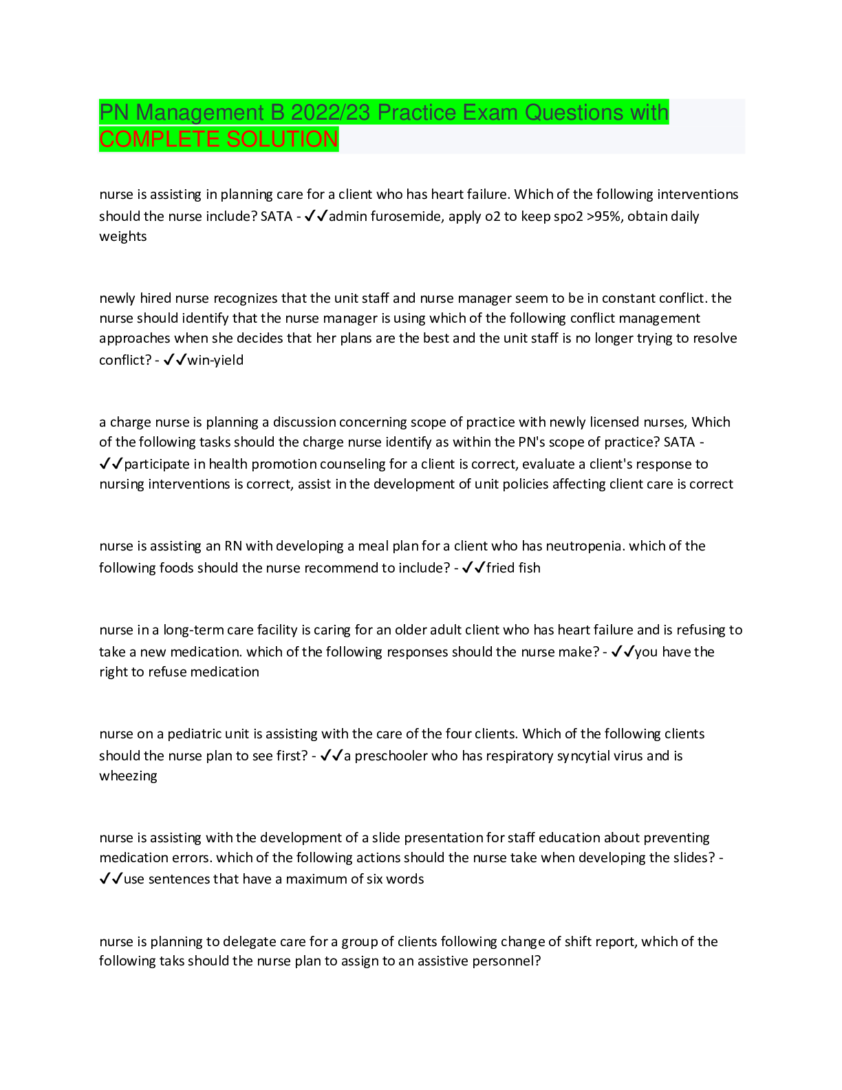 Preview of PN Management B 2022/23 Practice Exam Questions with COMPLETE SOLUTION
